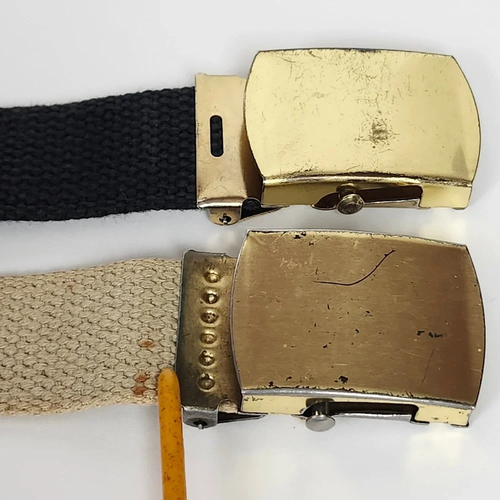 Vintage Web Belts Brass Buckle USA Lot of 2 Black Tan Khaki Canvas 44